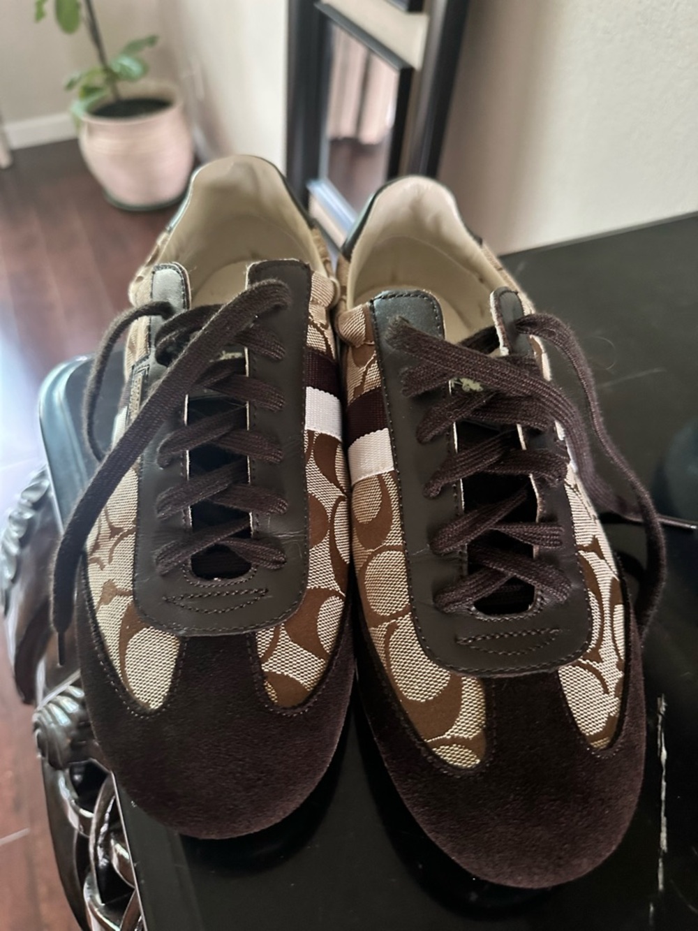 Coach Brown Signature Logo Lace-Up Sneakers with White Stripe